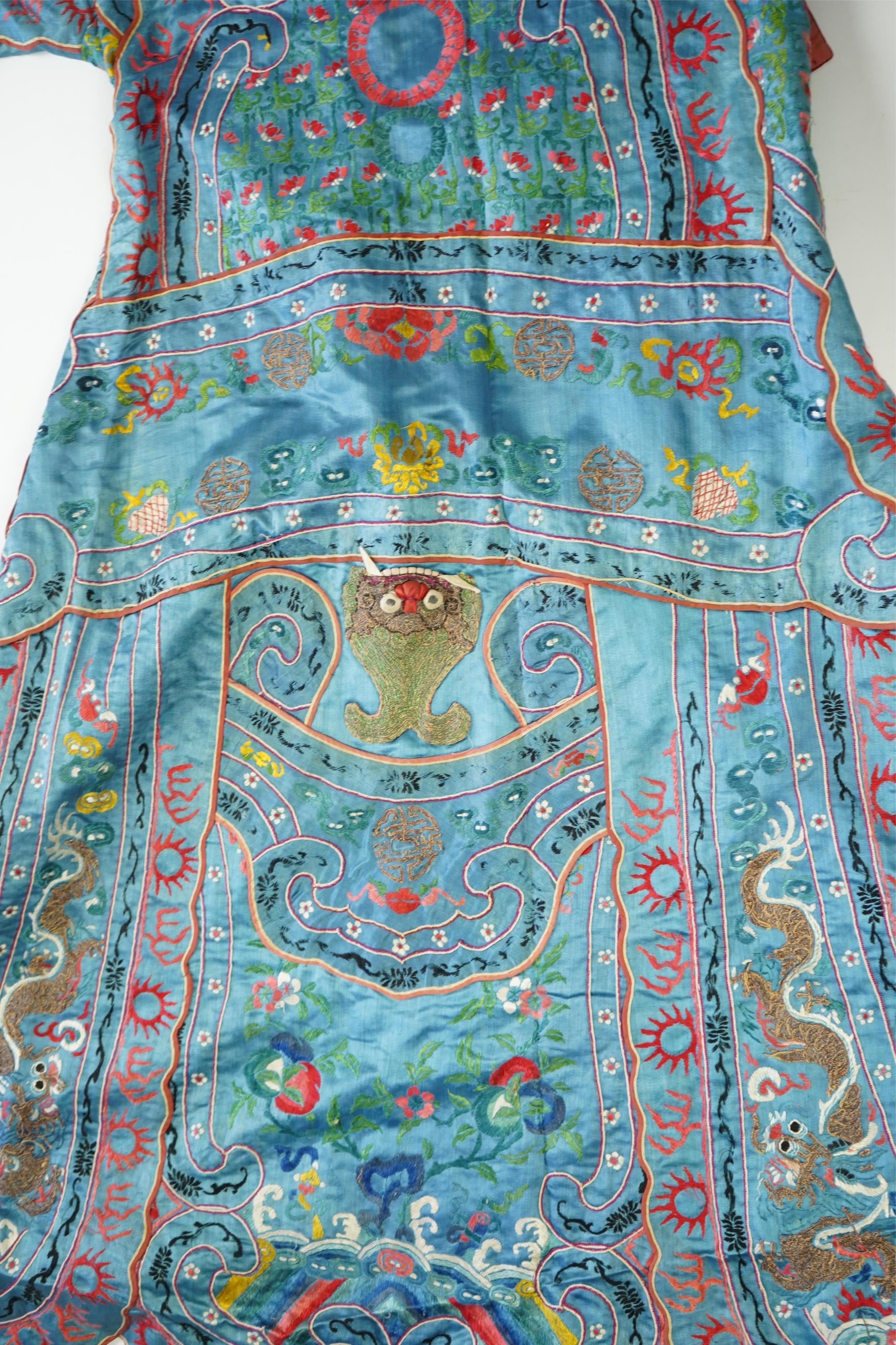 An unusual late 19th early 20th century Chinese silk embroidered robe, made for the tiger role, Jing, who symbolises power, bravery, protection and royalty. A character often used in Chinese opera, theatre and performing